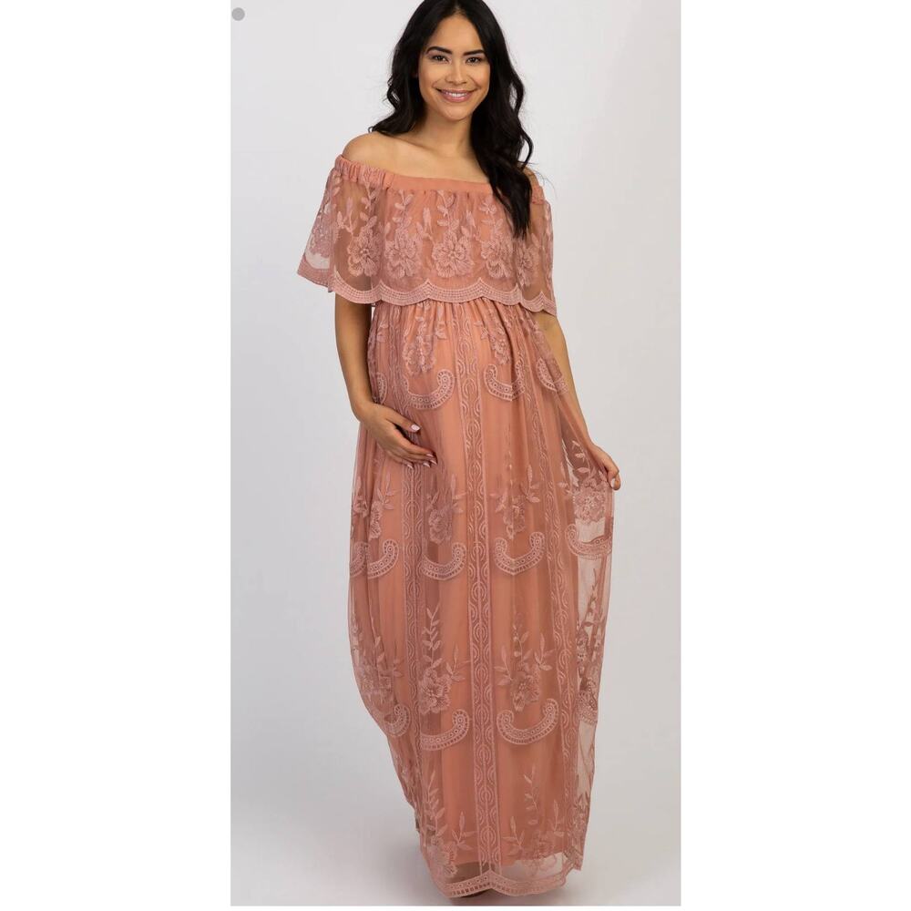 Pinkblush Maxi Dress Small Light Pink Lace Mesh Overlay Off Shoulder Maternity